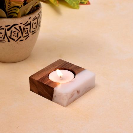 White Translucent Resin and Wood T-Lite Holder - 1 Piece